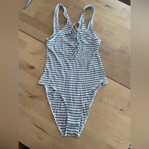 BNWOT Aerie Ribbed Grey and White Lace Up Bodysuit